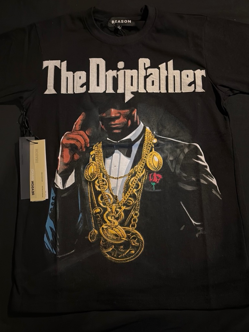 Reason Black 'The Dripfather' Graphic Tee with Gold Chain Art
